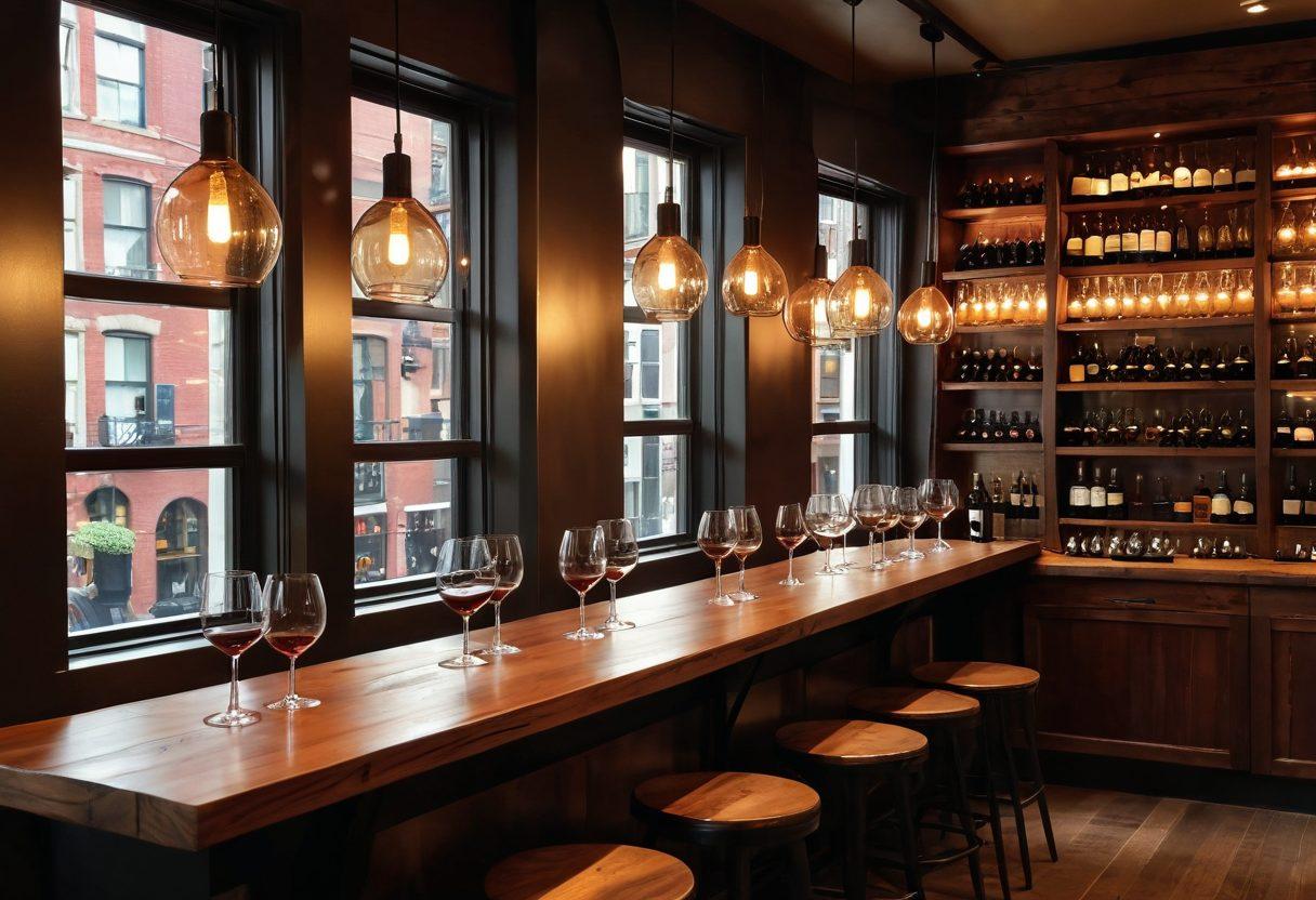 A cozy wine bar interior filled with rustic wooden furniture and warm lighting, showcasing a variety of wine bottles on shelves. Include a couple enjoying wine at a small table, with a window view of a bustling Boston street, capturing the essence of urban living. Incorporate elements like cityscapes, vibrant foliage outside, and wine glasses reflecting soft light. super-realistic. warm colors. urban aesthetic.