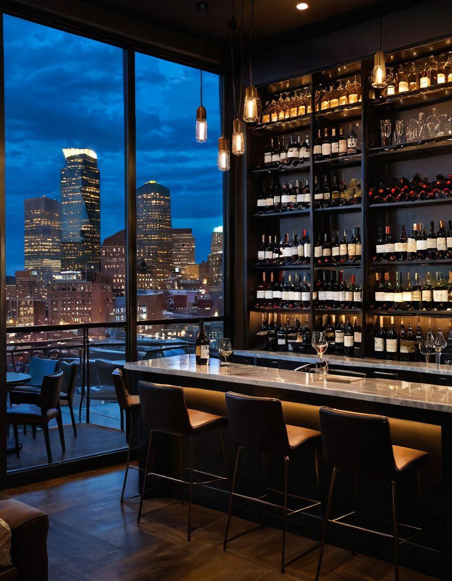 A stylish wine bar setting in Boston, featuring elegant decor, a sophisticated wine rack, and a chic urban apartment in the background. Capture the mood of a lively night with softly glowing lights and patrons enjoying their drinks. Include elements like city skyline views through large windows, and a mix of modern furniture. super-realistic. vibrant colors. sophisticated atmosphere.