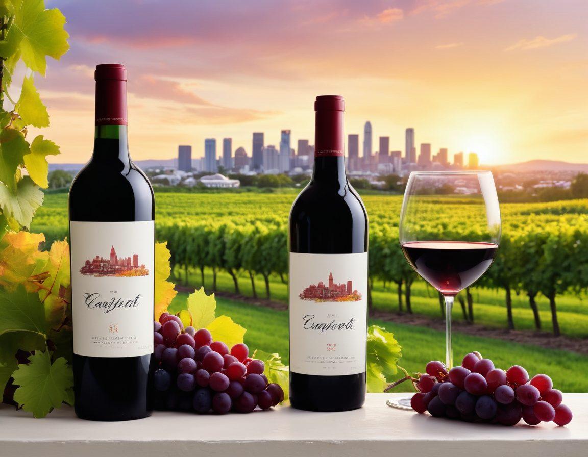 A vibrant city skyline blending into lush vineyards, with a bottle of Cabernet wine in the foreground and a modern condo building in the background. Include elements of wine culture like grapes, wine glasses, and city life such as bicycles and cafes. The sunset casting warm colors across the scene. super-realistic. vibrant colors. white background.